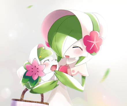 HD PC desktop wallpaper of Gardevoir (Pokémon UNITE) cuddling a joyful Shaymin, soft pastel floral background, bright charming video game art.