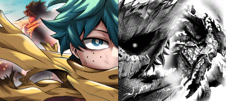 Izuku Midoriya from My Hero Academia is featured in this HD desktop wallpaper, showcasing his determined expression alongside a powerful villain, creating a striking contrast.