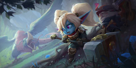 HD PC desktop wallpaper featuring Poppy, a blue-skinned character from the video game League of Legends, in a dynamic forest setting with a glowing bird in the background.