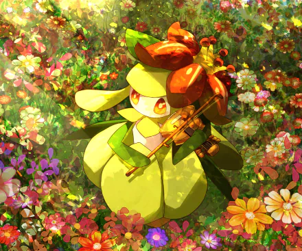 HD anime-style PC desktop wallpaper featuring Lilligant, the Pokémon, surrounded by vibrant flowers and holding a violin in a colorful garden setting.