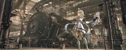 4K Ultra HD PC desktop wallpaper of Lumine and Paimon from the video game Genshin Impact, standing before a massive steam locomotive inside an industrial train shed.