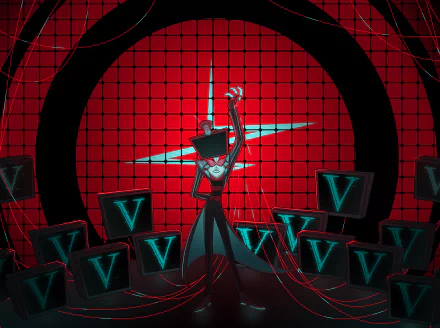 HD desktop wallpaper featuring Vox from the TV show Hazbin Hotel, surrounded by glowing screens with the letter V against a vivid red and black background.