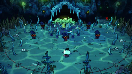 4K Ultra HD Cult of the Lamb video game scene showing a character facing cloaked figures in a dark, eerie ritual ground surrounded by skulls and glowing symbols.