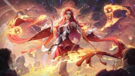 4K Ultra HD Honor of Kings PC wallpaper featuring a fiery female warrior with flowing red hair and magical flames swirling around her in an intense battle scene.
