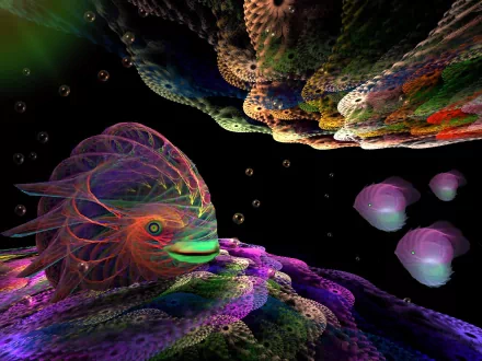 Artistic HD PC desktop wallpaper featuring vibrant, abstract underwater creatures and colorful, textured coral formations against a dark background.