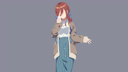 Minimalist 4K Ultra HD anime wallpaper featuring Miku Nakano from The Quintessential Quintuplets in casual attire against a solid gray background.