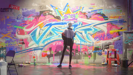 A vibrant HD wallpaper featuring Jett from Valorant, standing before a colorful graffiti wall, capturing the dynamic energy of the game in a striking visual composition.