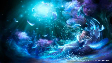 A fantasy-themed HD desktop wallpaper showcasing a celestial scene with a serene figure surrounded by ethereal light, glowing feathers, and vibrant cosmic elements.