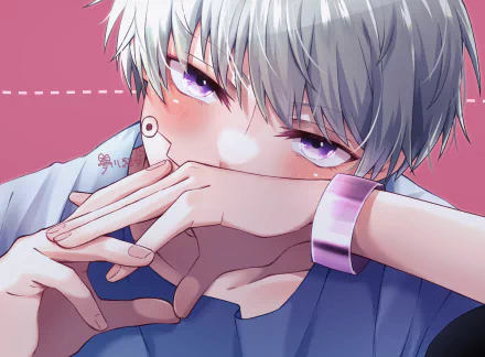 Toge Inumaki (Anime, Jujutsu Kaisen) close-up: silver hair, purple eyes, blushing, hands over mouth on a pink background — 2K Quad HD PC desktop wallpaper/background.