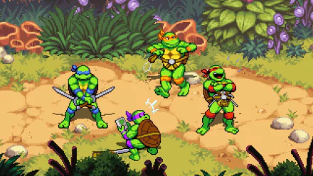 HD wallpaper featuring Teenage Mutant Ninja Turtles characters from Shredder's Revenge game set in a vibrant forest background.