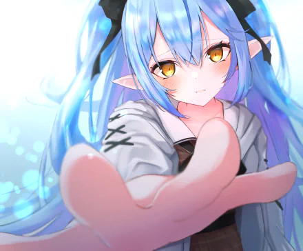 Yukihana Lamy of hololive reaches toward the viewer with flowing blue hair and golden eyes — anime-style 4K Ultra HD PC desktop wallpaper background.