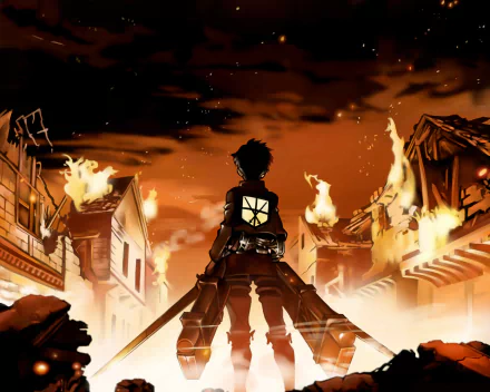 Eren Yeager from Attack on Titan stands with ODM gear, back to viewer, facing a burning village under an orange sky — 2K Quad HD anime PC desktop wallpaper.