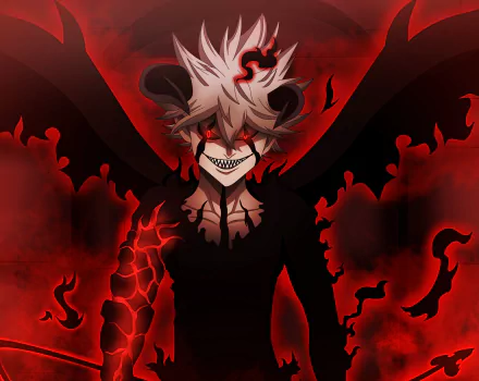 A dramatic HD wallpaper featuring Liebe from Black Clover, showcasing a fierce expression and surrounded by dark, swirling shadows and vibrant red accents.