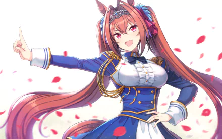 Daiwa Scarlet from Uma Musume: Pretty Derby — anime HD PC desktop wallpaper showing a smiling long-haired horse-girl in a blue military-style outfit, outstretched arm, cherry petals.