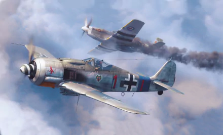 HD PC desktop wallpaper showing Luftwaffe Focke-Wulf Fw 190 fighters over clouds, one trailing smoke after combat — military aviation background.
