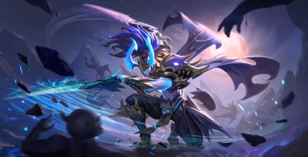 Honor of Kings hero in ornate armor, wielding a glowing blue blade with spectral wings over a shattered battlefield — 5K Ultra HD PC desktop wallpaper/background.