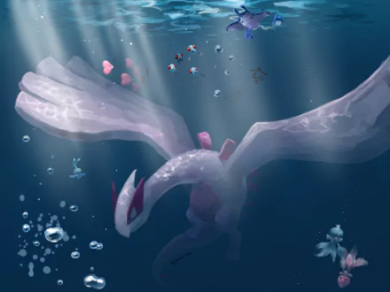 HD PC desktop wallpaper featuring Lugia, a legendary Pokémon, swimming gracefully underwater surrounded by smaller Pokémon in a serene, aquatic video game scene.