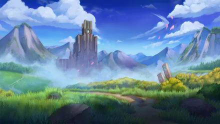 HD desktop wallpaper featuring the mystical landscape of Zenith: The Last City with a towering central spire amid lush greenery and rolling mountains under a vibrant sky.