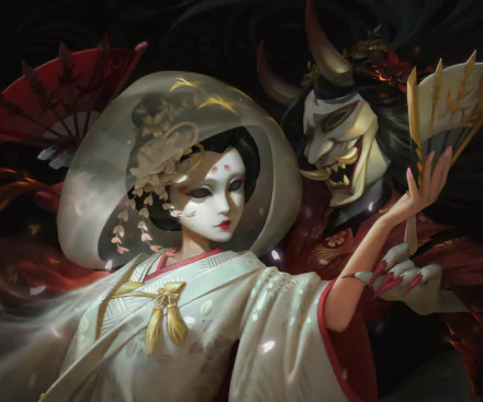 HD PC desktop wallpaper featuring detailed characters from the video game Identity V, showcasing a traditional figure with a mask and a sinister, demon-like character in the background.