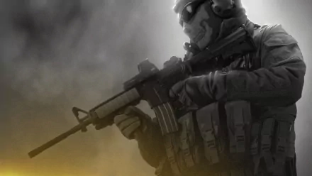 A striking HD wallpaper featuring a masked soldier wielding a firearm, inspired by the intense action of Call of Duty: Modern Warfare 2, set against a dramatic background.