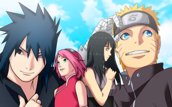4K anime desktop wallpaper showing Naruto Uzumaki, Hinata Hyuga, Sasuke Uchiha and Sakura Haruno together beneath a bright blue sky, featuring Naruto & Hinata and Naruto & Sasuke pairings.