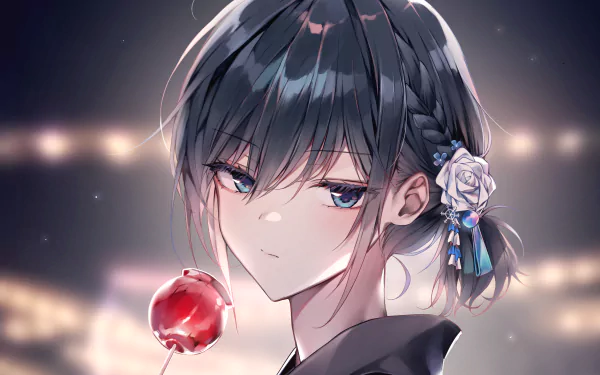 HD PC desktop wallpaper and background by Ishimi Yokoyama: an anime girl with dark braided hair and flower accessory, blue eyes, holding a glossy red candied apple.