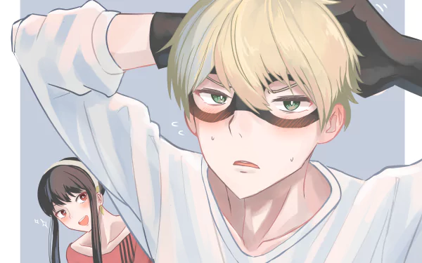 HD anime desktop wallpaper featuring Loid Forger adjusting his glasses in the foreground with Yor Forger smiling softly in the background, from Spy x Family.