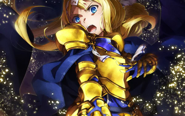 HD anime desktop wallpaper of Alice Zuberg (Sword Art Online): blonde heroine in blue-and-gold armor reaching out amid swirling golden sparkles and a starry dark background.