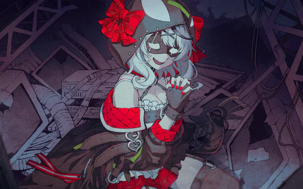 HD PC wallpaper of hololive virtual YouTuber Sakamata Chloe in a red‑accent gothic outfit, clasping her hands and smiling amid a ruined industrial backdrop, anime style.