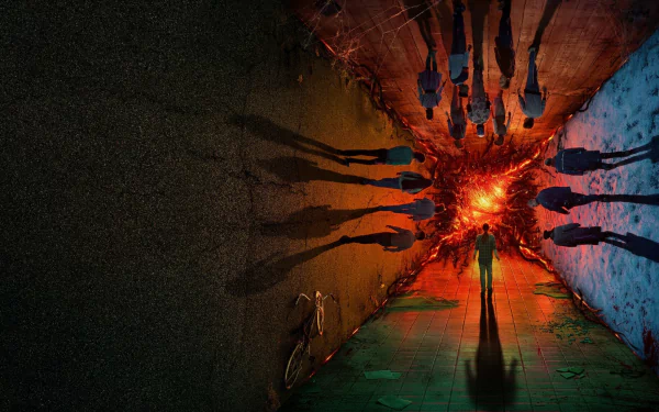Stranger Things - Season 4 TV show HD PC desktop wallpaper and background: silhouetted group surrounding a fiery otherworldly portal in a dim, mirrored corridor, long shadows stretching toward it.