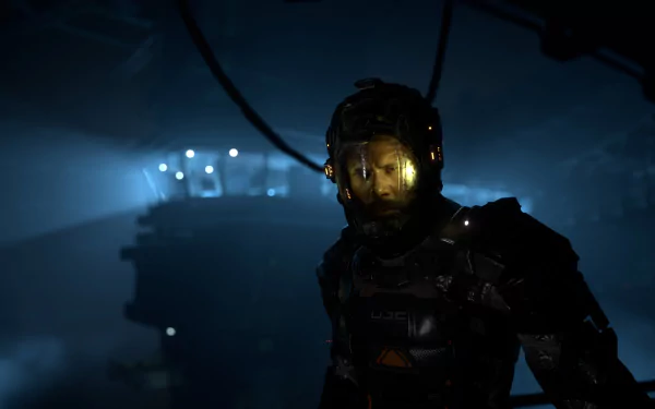 Dark sci-fi scene from the video game The Callisto Protocol: armored astronaut with glowing helmet visor in a dim industrial corridor — 4K Ultra HD PC desktop wallpaper/background.