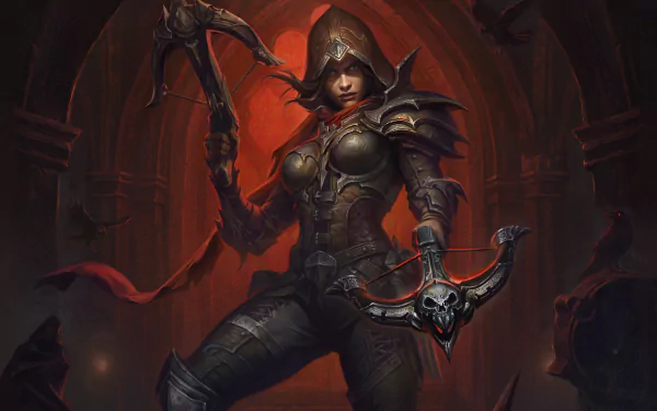Diablo Immortal video game 5K Ultra HD PC desktop wallpaper: hooded demon hunter in dark armor brandishes a crossbow and hooked blade against a blood-red cathedral arch.