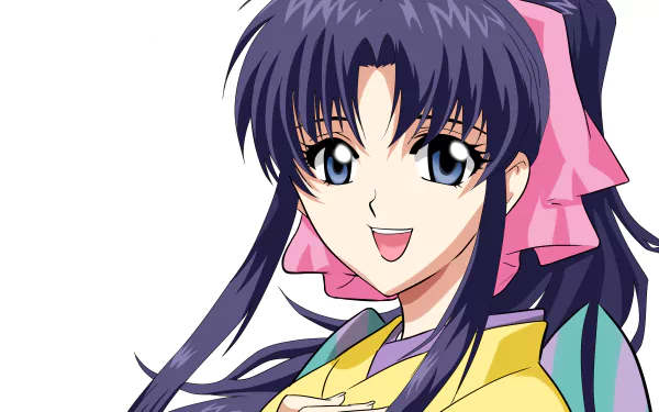 Kaoru Kamiya from Rurouni Kenshin — anime 4K Ultra HD PC desktop wallpaper/background: smiling long dark hair, blue eyes, pink ribbon and yellow kimono.