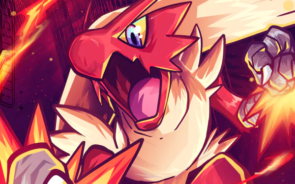 HD PC desktop wallpaper featuring Blaziken, a fiery Pokémon from the anime series, depicted in dynamic action with vibrant flames and intense expression.