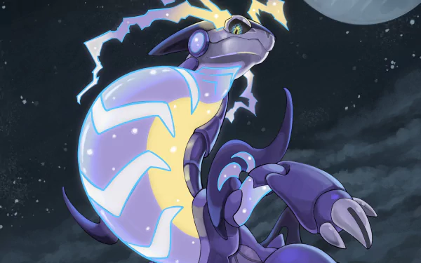 HD PC desktop wallpaper of Miraidon (Pokémon) from the video game Pokémon: Scarlet and Violet, a glowing electric purple-blue dragon-like Pokémon against a stormy night sky with moon.