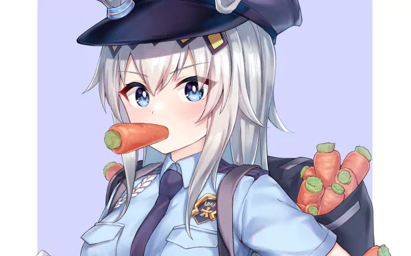 Oguri Cap (Uma Musume: Pretty Derby) in a police uniform with a carrot in her mouth and a bag of carrots on her shoulder, blue-eyed anime figure on a light purple 2K Quad HD desktop wallpaper.