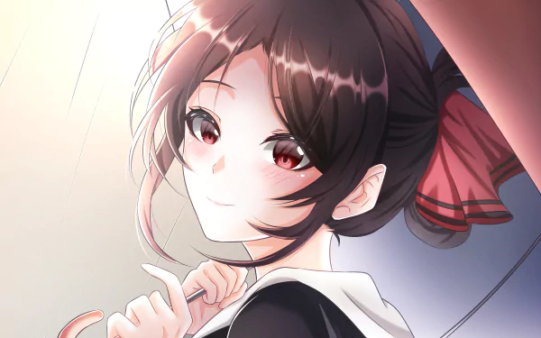 Kaguya Shinomiya from Kaguya-sama: Love is War — anime portrait with a soft smile, red eyes and a red hair ribbon, 2K Quad HD PC desktop wallpaper/background.