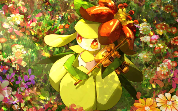 HD anime-style PC desktop wallpaper featuring Lilligant, the Pokémon, surrounded by vibrant flowers and holding a violin in a colorful garden setting.