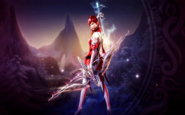 HD desktop wallpaper featuring a character from the video game AION, standing in a mystical landscape with mountains and a glowing, enchanted bow.