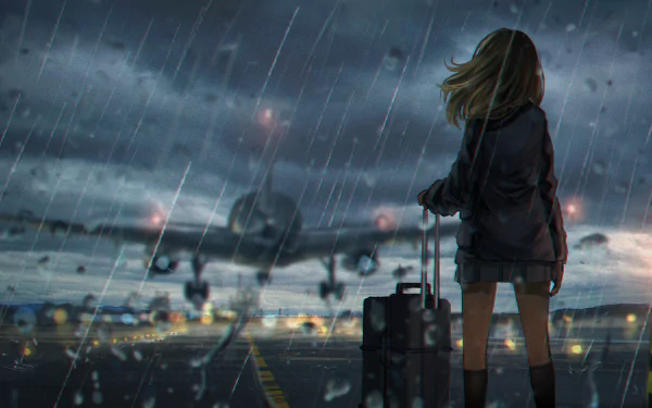 Anime girl stands with luggage on a rainy airfield as a plane prepares for takeoff, captured in a detailed 4K Ultra HD desktop wallpaper background.