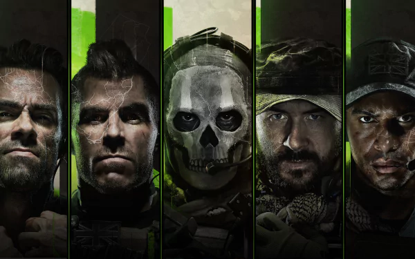 HD PC desktop wallpaper featuring key characters from the video game Call of Duty: Modern Warfare II, highlighted in vertical green-lit panels against a dark background.