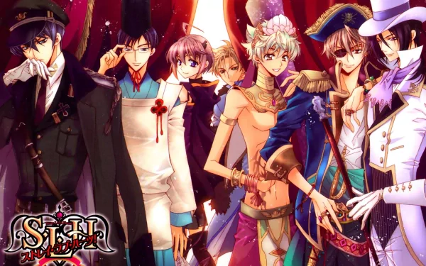 HD anime desktop wallpaper featuring characters from Stray Love Hearts! in detailed costumes with dramatic lighting and a rich, colorful background.