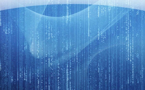 Artistic HD PC desktop wallpaper featuring cascading blue digital code with abstract wave patterns.