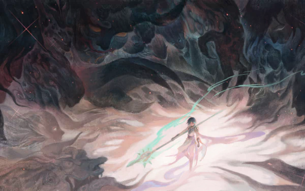 Xiao from Genshin Impact stands poised in a mystical, swirling environment, wielding his spear. This striking image serves as an 8K Ultra HD PC desktop wallpaper, enhancing any gaming setup.