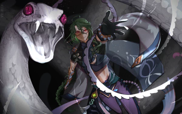 Baizhu from Genshin Impact is depicted with a large white snake in a dark, detailed 4K Ultra HD PC desktop wallpaper.