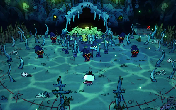 4K Ultra HD Cult of the Lamb video game scene showing a character facing cloaked figures in a dark, eerie ritual ground surrounded by skulls and glowing symbols.