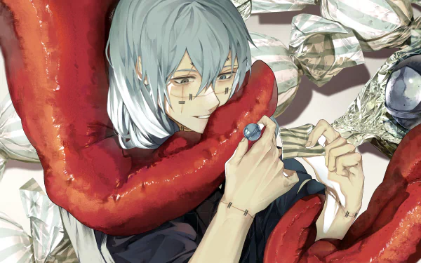 HD PC desktop wallpaper of Mahito (Jujutsu Kaisen): anime portrait with pale blue hair and glasses, red tentacles coiling around him against a stylized Jujutsu Kaisen background.