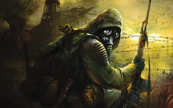 A mysterious figure in a gas mask and tattered clothing holds a weapon, set against a desolate, post-apocalyptic landscape inspired by the S.T.A.L.K.E.R. video game. HD wallpaper.