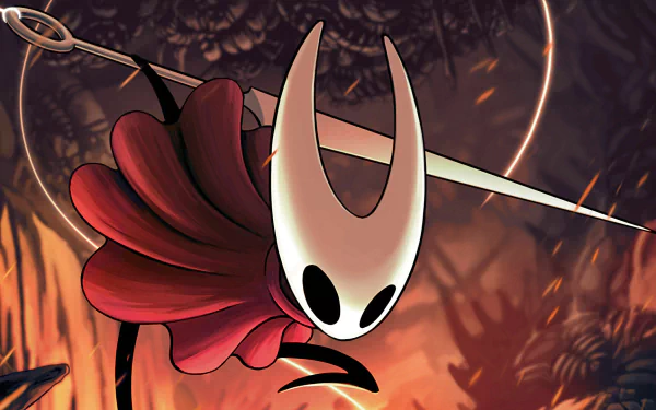 HD PC desktop wallpaper featuring the main character from the video game Hollow Knight: Silksong in a dark, atmospheric forest setting.