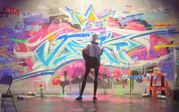 A vibrant HD wallpaper featuring Jett from Valorant, standing before a colorful graffiti wall, capturing the dynamic energy of the game in a striking visual composition.